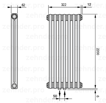 Схема (чертеж) Радиатор Zehnder Charleston 2220/7 №5410 Белый глянцевый RAL 9016